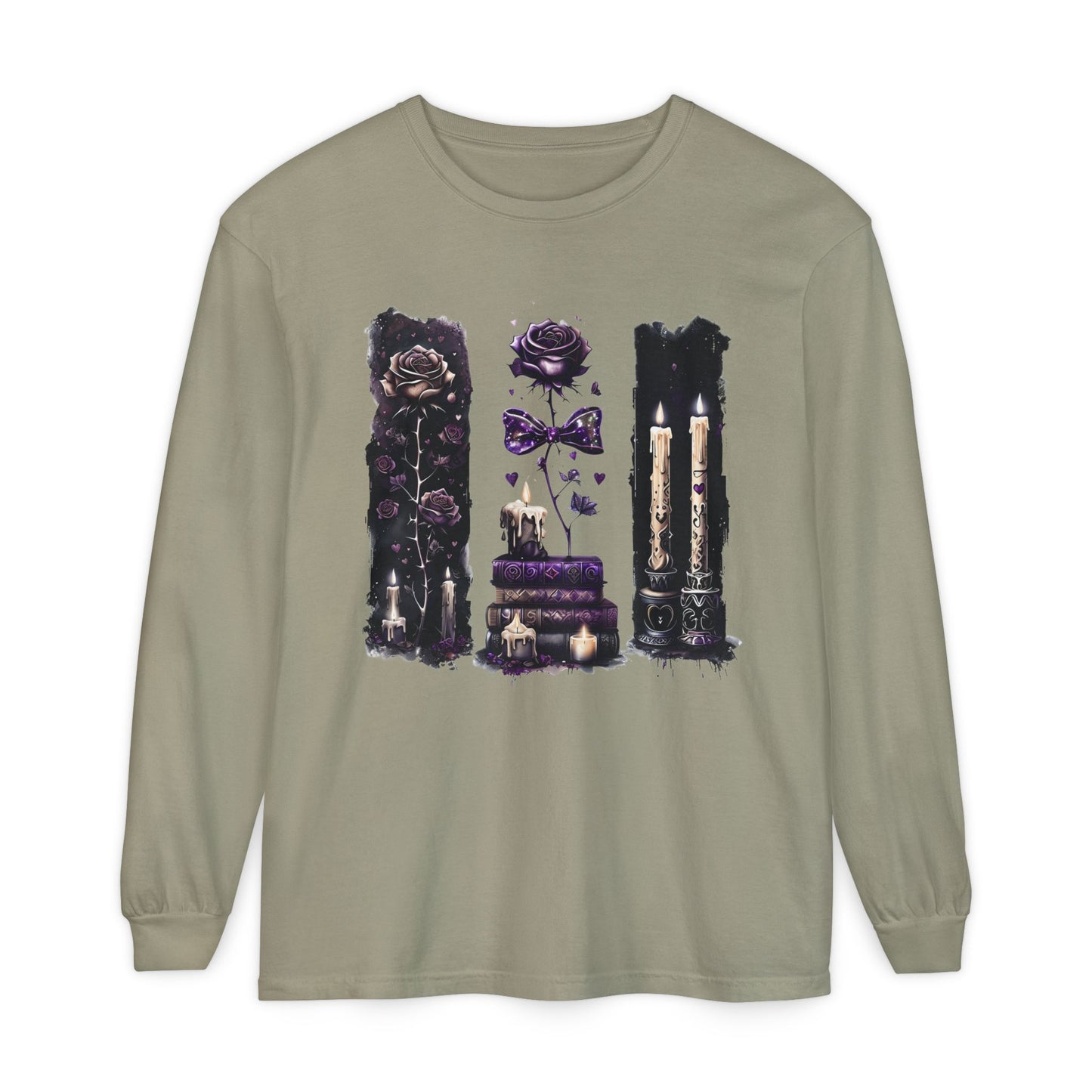 Gothic Witchcraft Long Sleeve Tee – Dark Roses, Candles & Book Lover