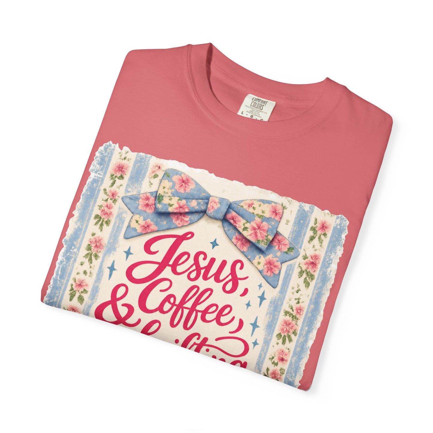 Jesus, Coffee & Thrifting Tee — Antique Fresh Brew Faith Shirt with Stripes & Bow