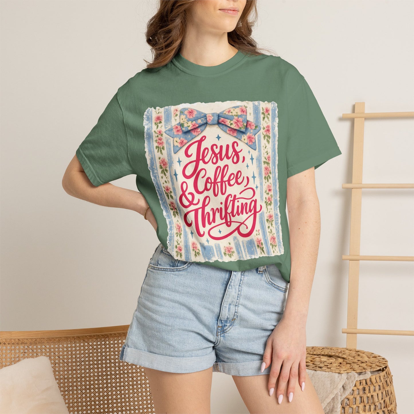 Jesus, Coffee & Thrifting Tee — Antique Fresh Brew Faith Shirt with Stripes & Bow