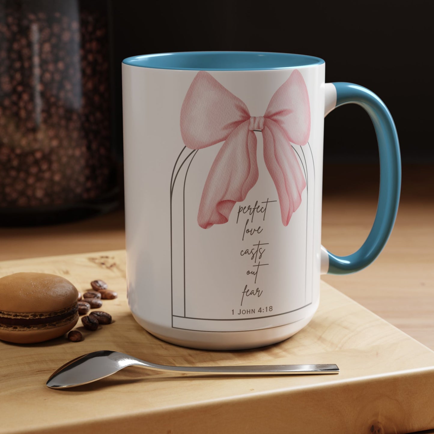 Perfect Love Casts Out Fear Mug | 1 John 4:18 Scripture with Pink Coquette Bow Coffee Mug
