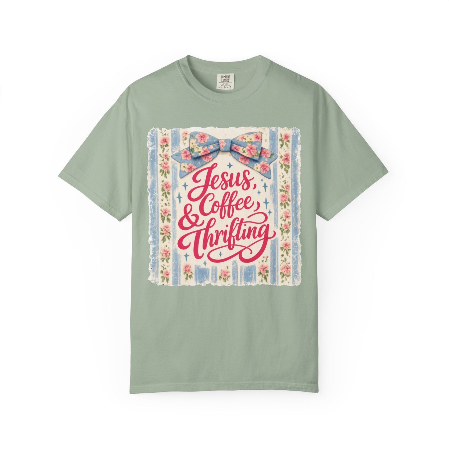 Jesus, Coffee & Thrifting Tee — Antique Fresh Brew Faith Shirt with Stripes & Bow