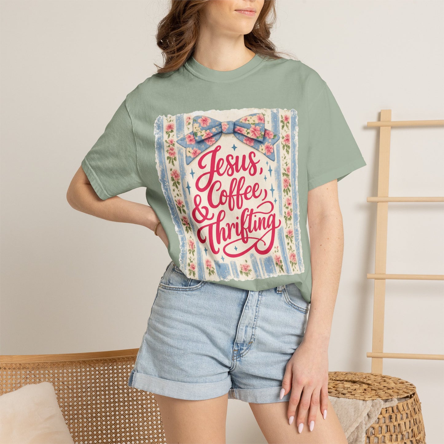 Jesus, Coffee & Thrifting Tee — Antique Fresh Brew Faith Shirt with Stripes & Bow
