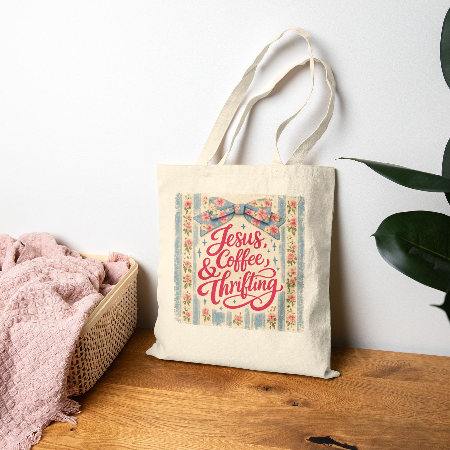 Jesus, Coffee & Thrifting Canvas Tote Bag — Cute Trendy Cotton Shopper