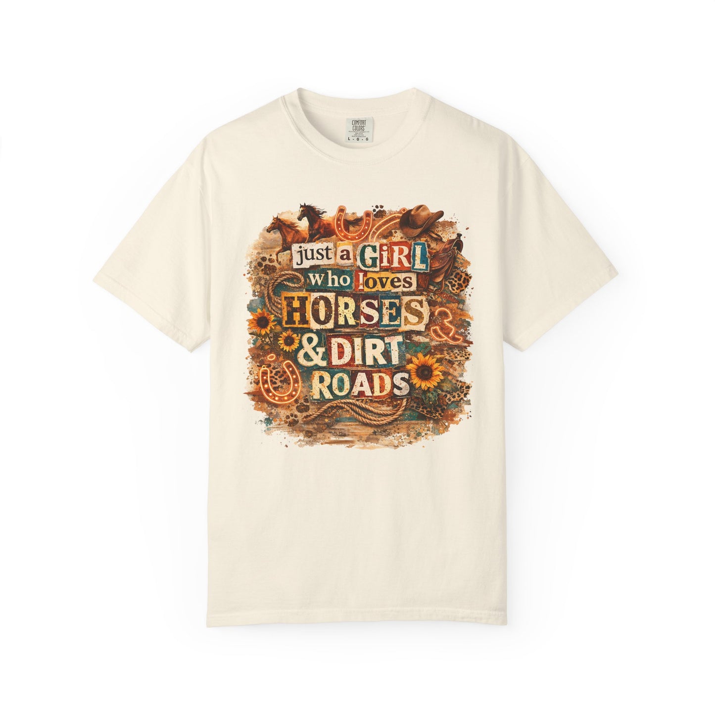 Just a Girl Who Loves Horses & Dirt Roads Shirt | Horse Girl Graphic Tee | Equestrian Gift for Women | Western Boho Shirt | Cowgirl Rodeo Tee