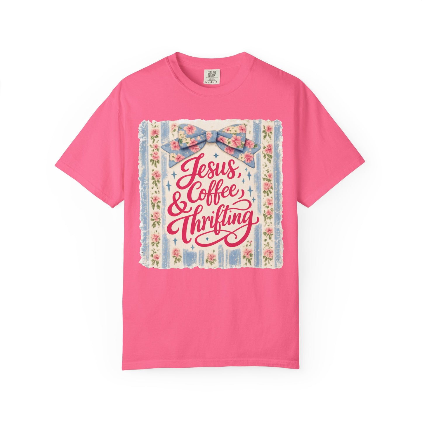Jesus, Coffee & Thrifting Tee — Antique Fresh Brew Faith Shirt with Stripes & Bow