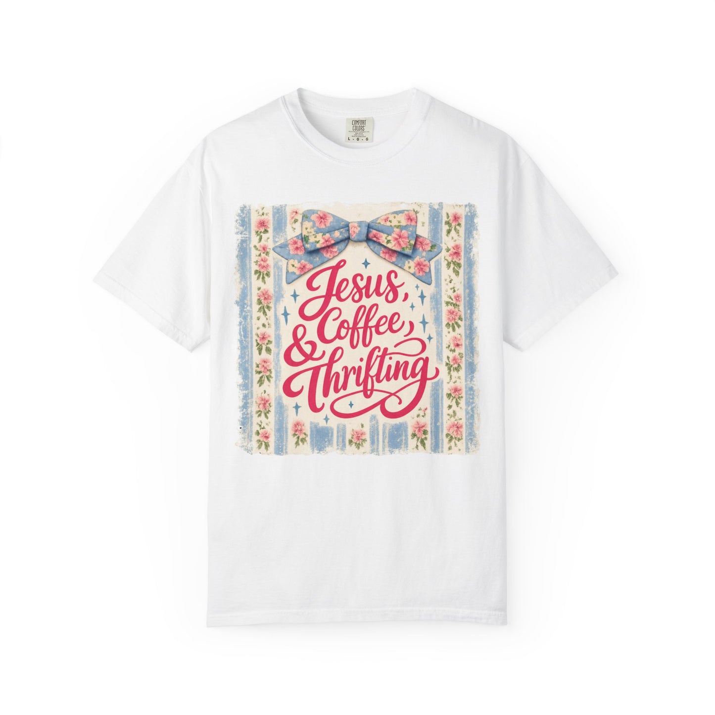 Jesus, Coffee & Thrifting Tee — Antique Fresh Brew Faith Shirt with Stripes & Bow