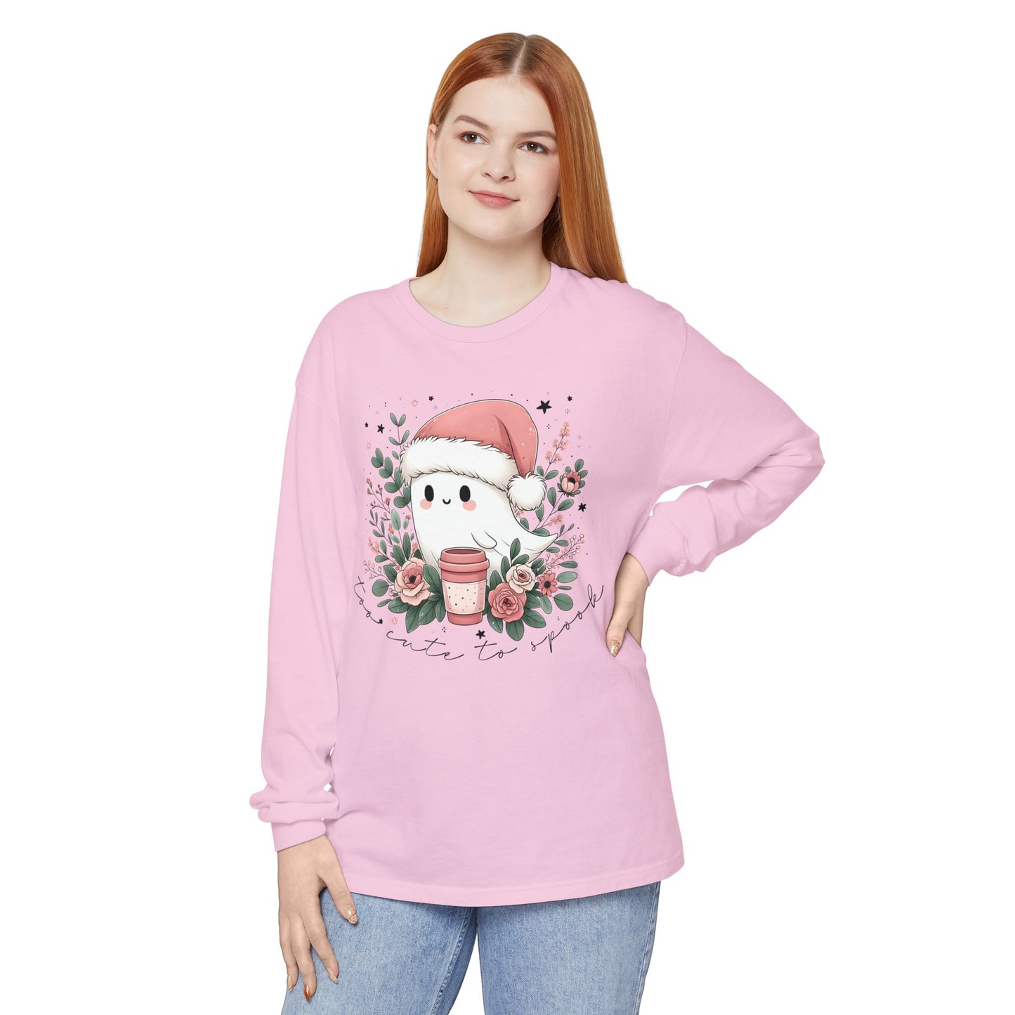 Too Cute to Spook Long Sleeve T-Shirt, Watercolor Ghost with Pink Santa Hat, Coffee & Florals, Pastel Christmas Holiday Apparel