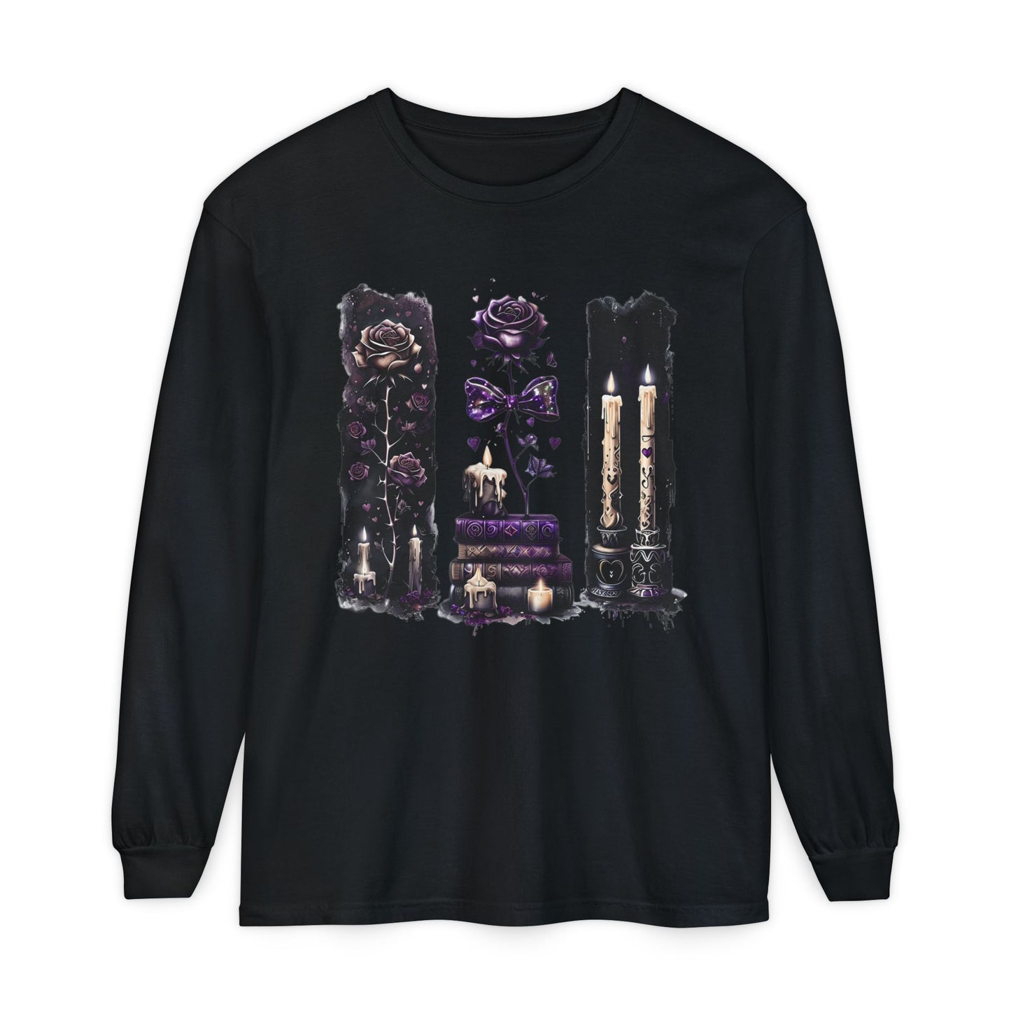 Gothic Witchcraft Long Sleeve Tee – Dark Roses, Candles & Book Lover