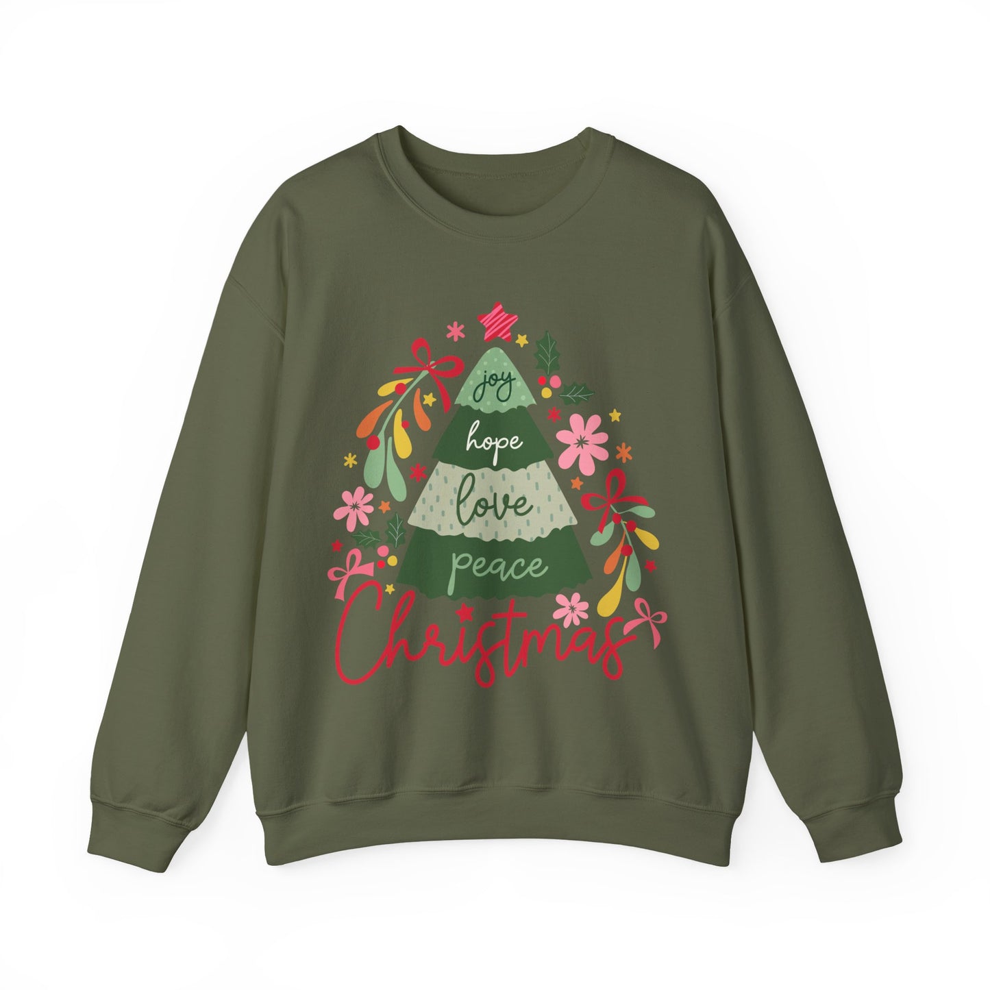 Christmas Tree  Sweatshirt — Joy Hope Love Peace Holiday Pullover