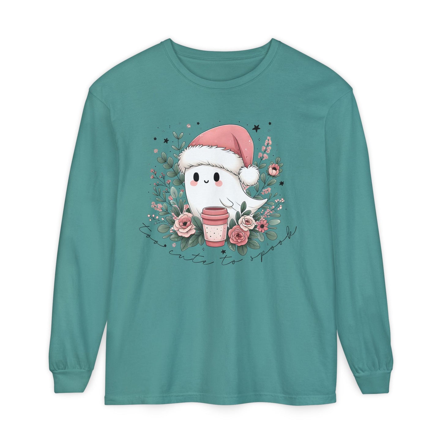 Too Cute to Spook Long Sleeve T-Shirt, Watercolor Ghost with Pink Santa Hat, Coffee & Florals, Pastel Christmas Holiday Apparel