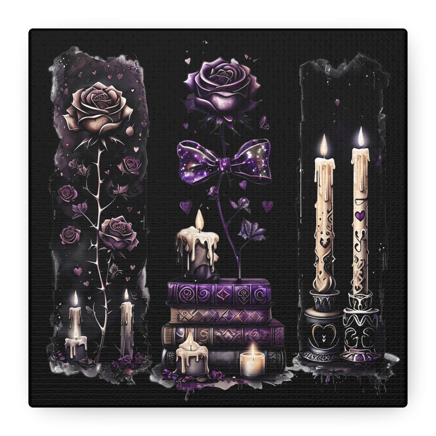 Gothic Booklover Canvas Print — Dark Roses & Stacked Books Wall Art