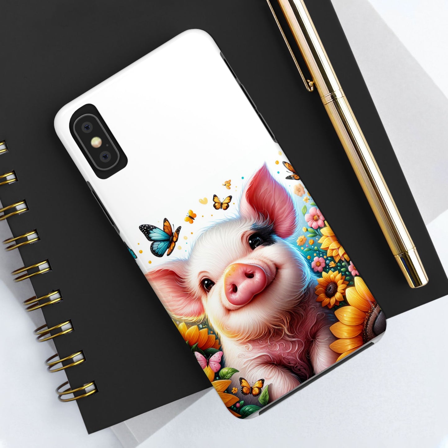 Cute Pig Surrounded With Sunflowers and Butterflies Phone Case