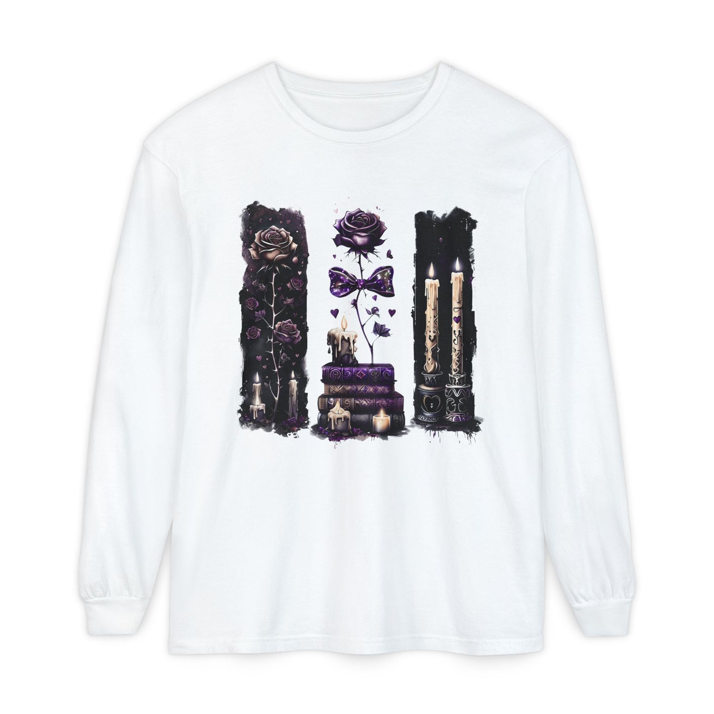Gothic Witchcraft Long Sleeve Tee – Dark Roses, Candles & Book Lover