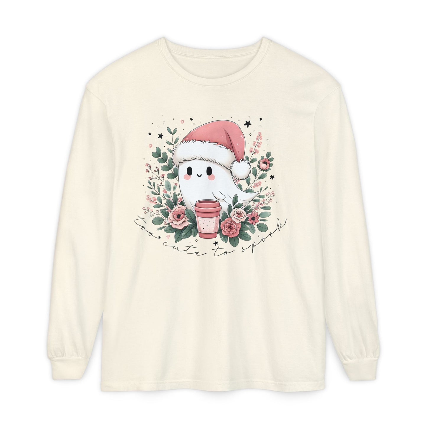 Too Cute to Spook Long Sleeve T-Shirt, Watercolor Ghost with Pink Santa Hat, Coffee & Florals, Pastel Christmas Holiday Apparel
