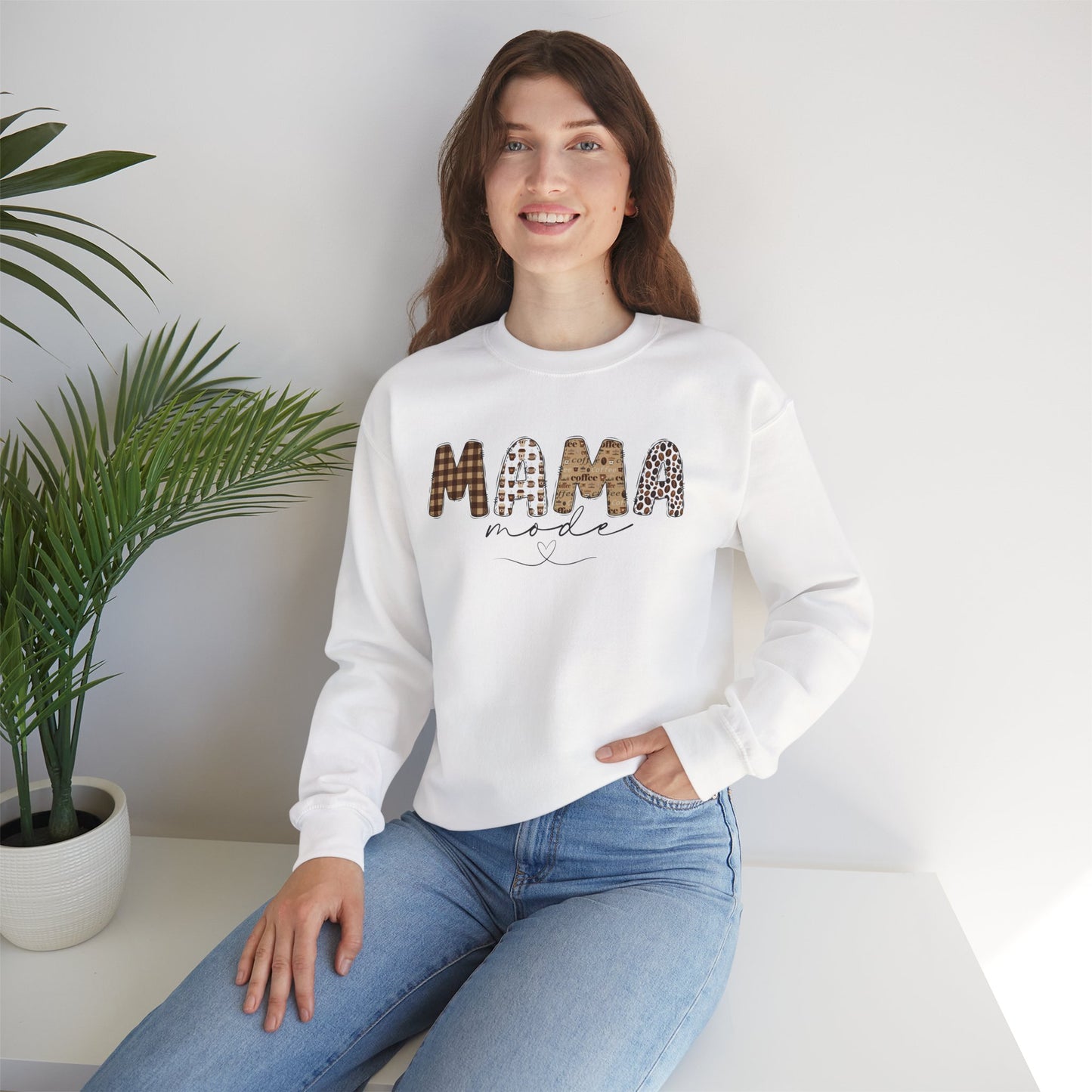 Mama Mode Sweatshirt | Cozy Gift for Moms, Casual Wear, Birthday, Mother's Day, Everyday Comfort, Mom Life, Coffee Lovers, Leopard Print, Cozy Plaid