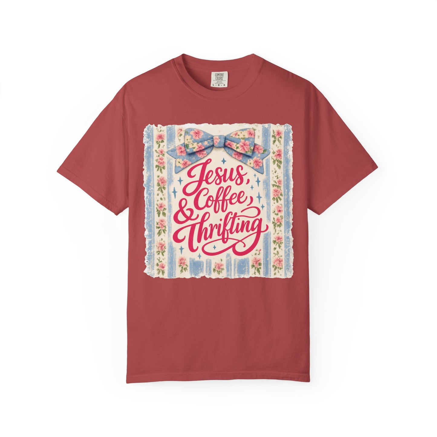 Jesus, Coffee & Thrifting Tee — Antique Fresh Brew Faith Shirt with Stripes & Bow