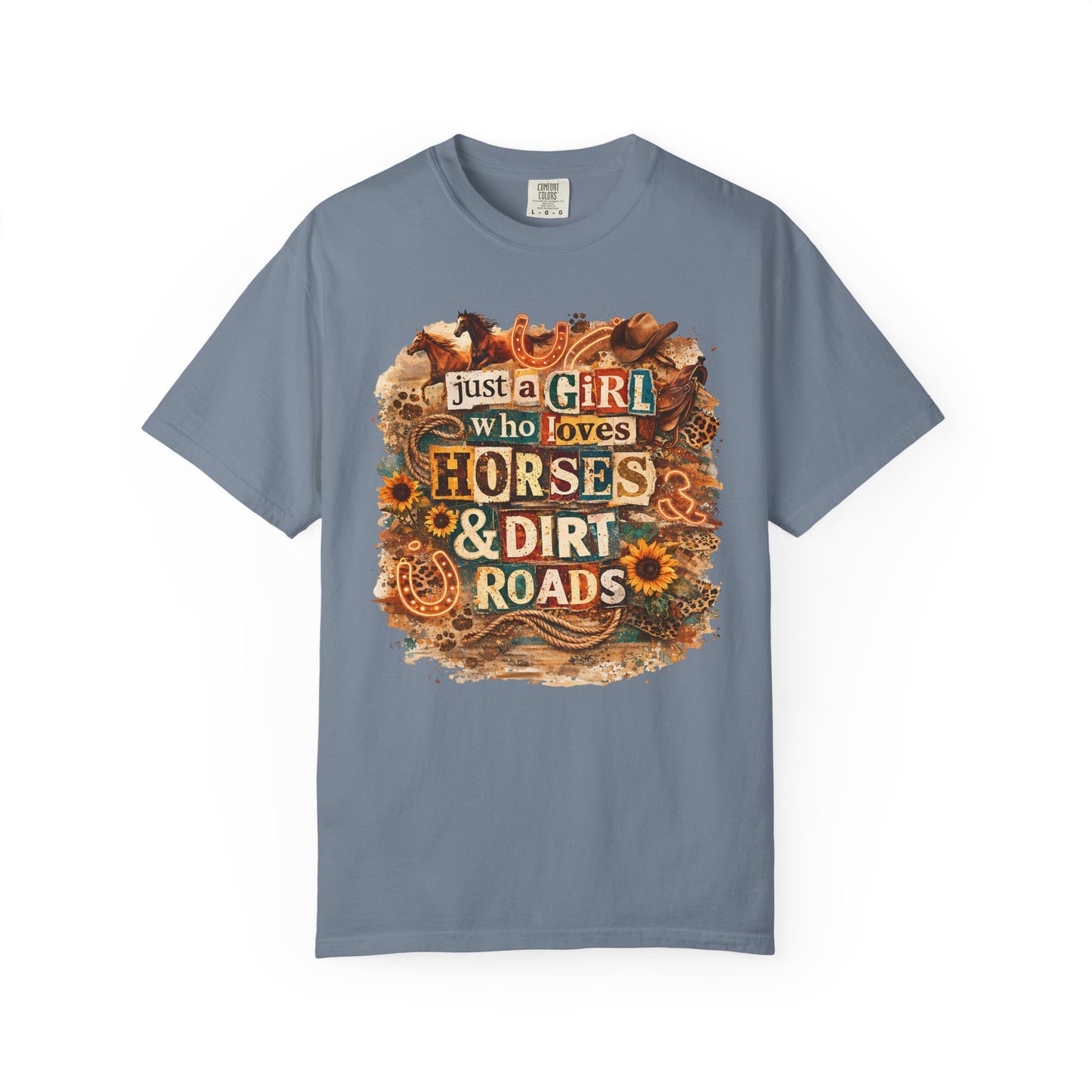 Just a Girl Who Loves Horses & Dirt Roads Shirt | Horse Girl Graphic Tee | Equestrian Gift for Women | Western Boho Shirt | Cowgirl Rodeo Tee