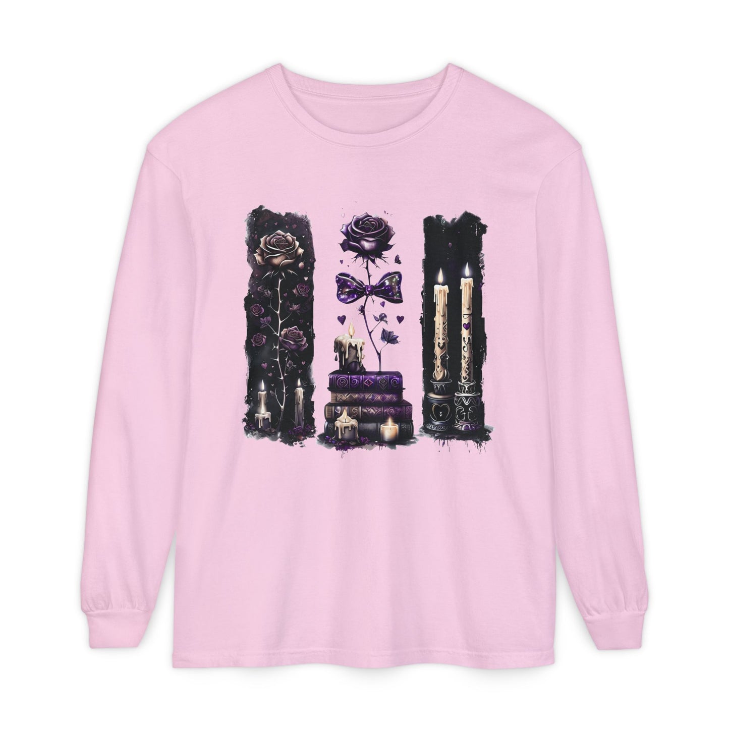 Gothic Witchcraft Long Sleeve Tee – Dark Roses, Candles & Book Lover
