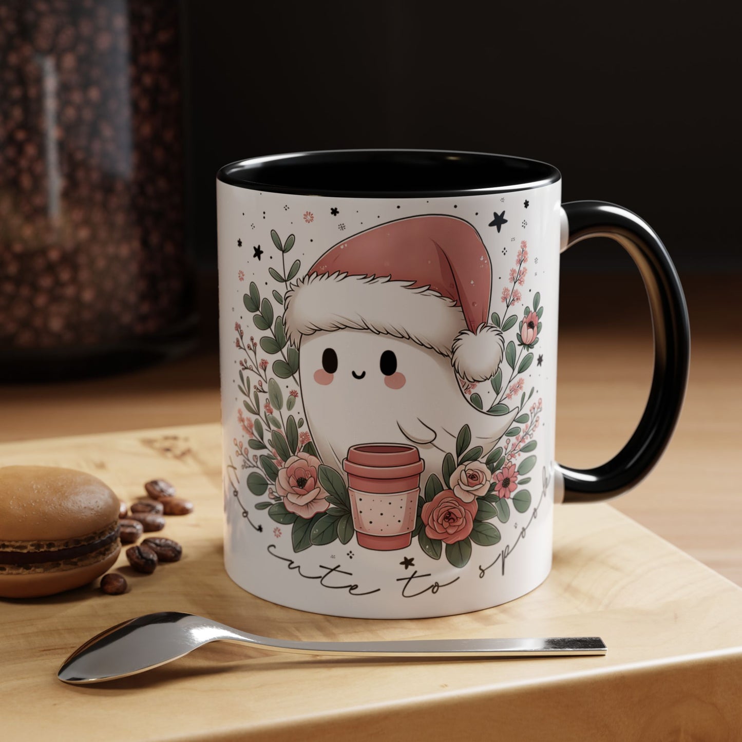 Too Cute to Spook Mug | Ghost with Pink Santa Hat & Coffee | Pastel Christmas Holiday Mug