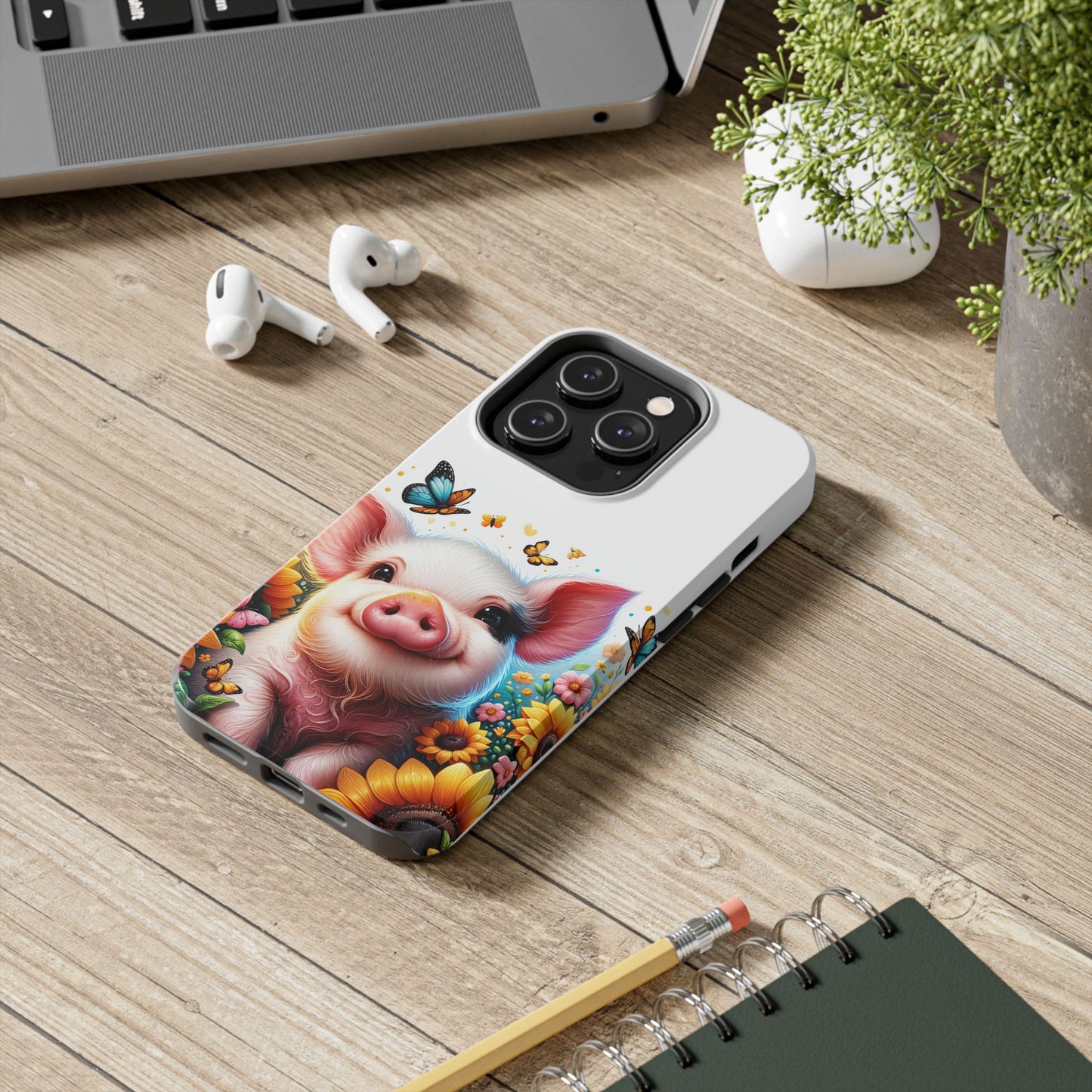 Cute Pig Surrounded With Sunflowers and Butterflies Phone Case