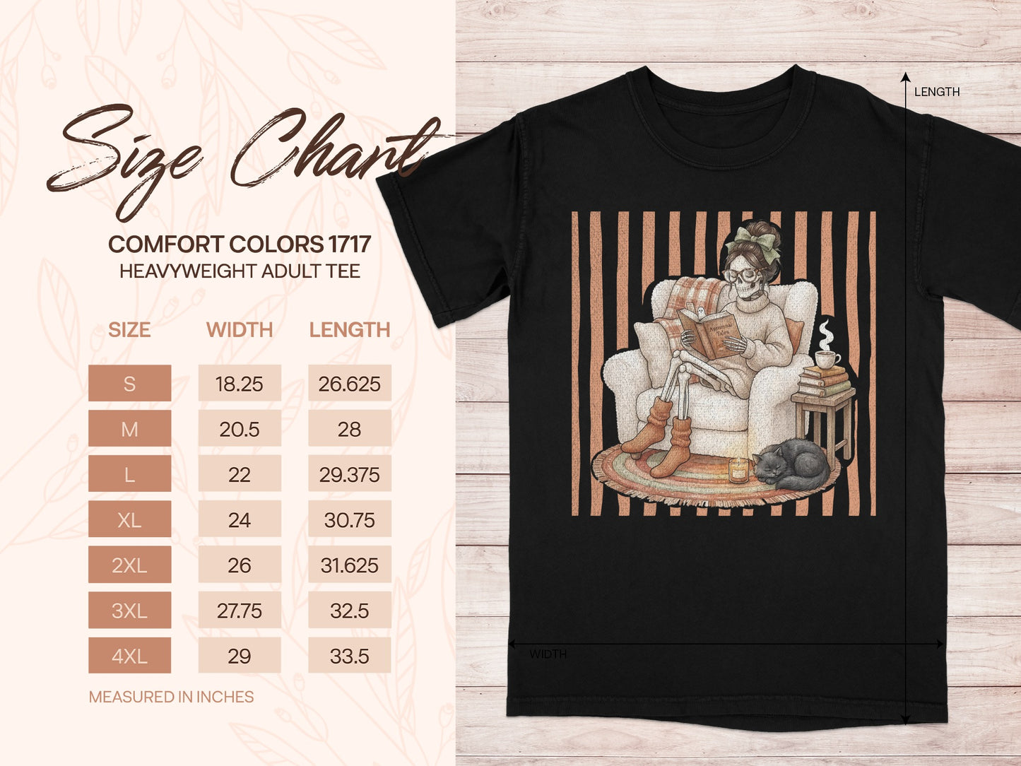 Size chart for Comfort Colors 1717 heavyweight adult tee with skeleton reading.