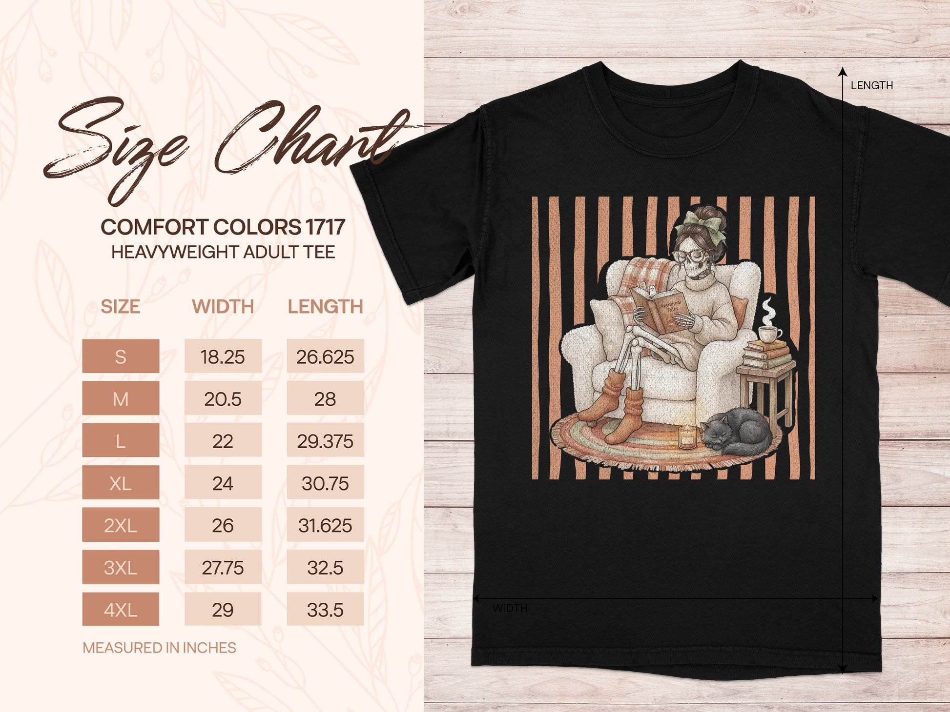 Size chart for Comfort Colors 1717 heavyweight adult tee with skeleton reading.