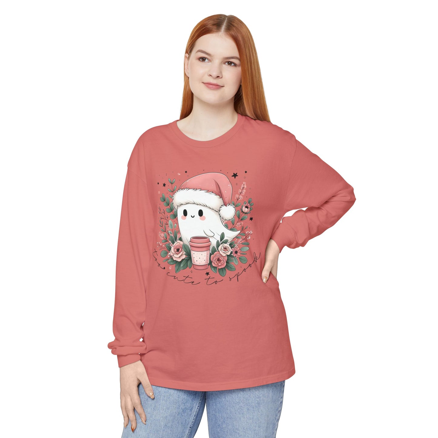 Too Cute to Spook Long Sleeve T-Shirt, Watercolor Ghost with Pink Santa Hat, Coffee & Florals, Pastel Christmas Holiday Apparel