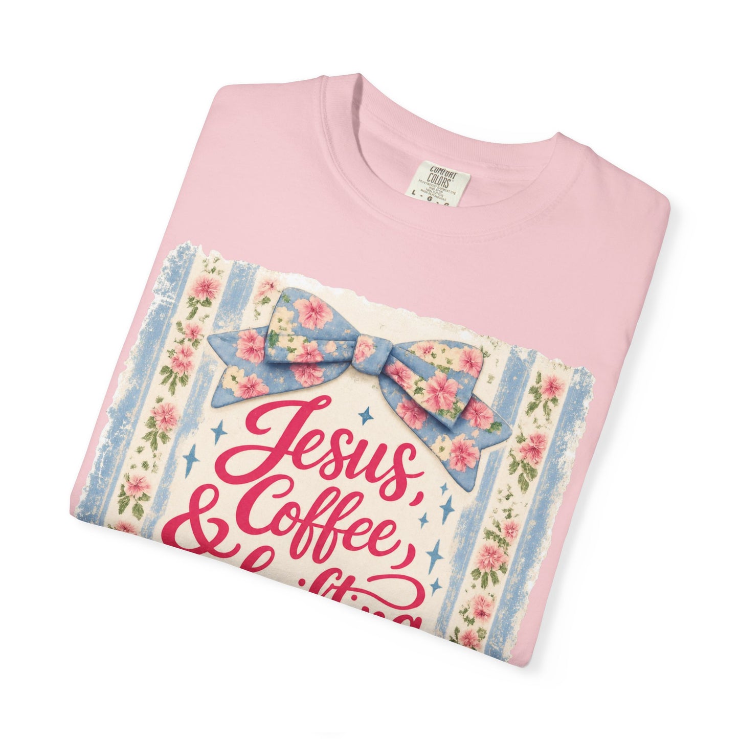 Jesus, Coffee & Thrifting Tee — Antique Fresh Brew Faith Shirt with Stripes & Bow