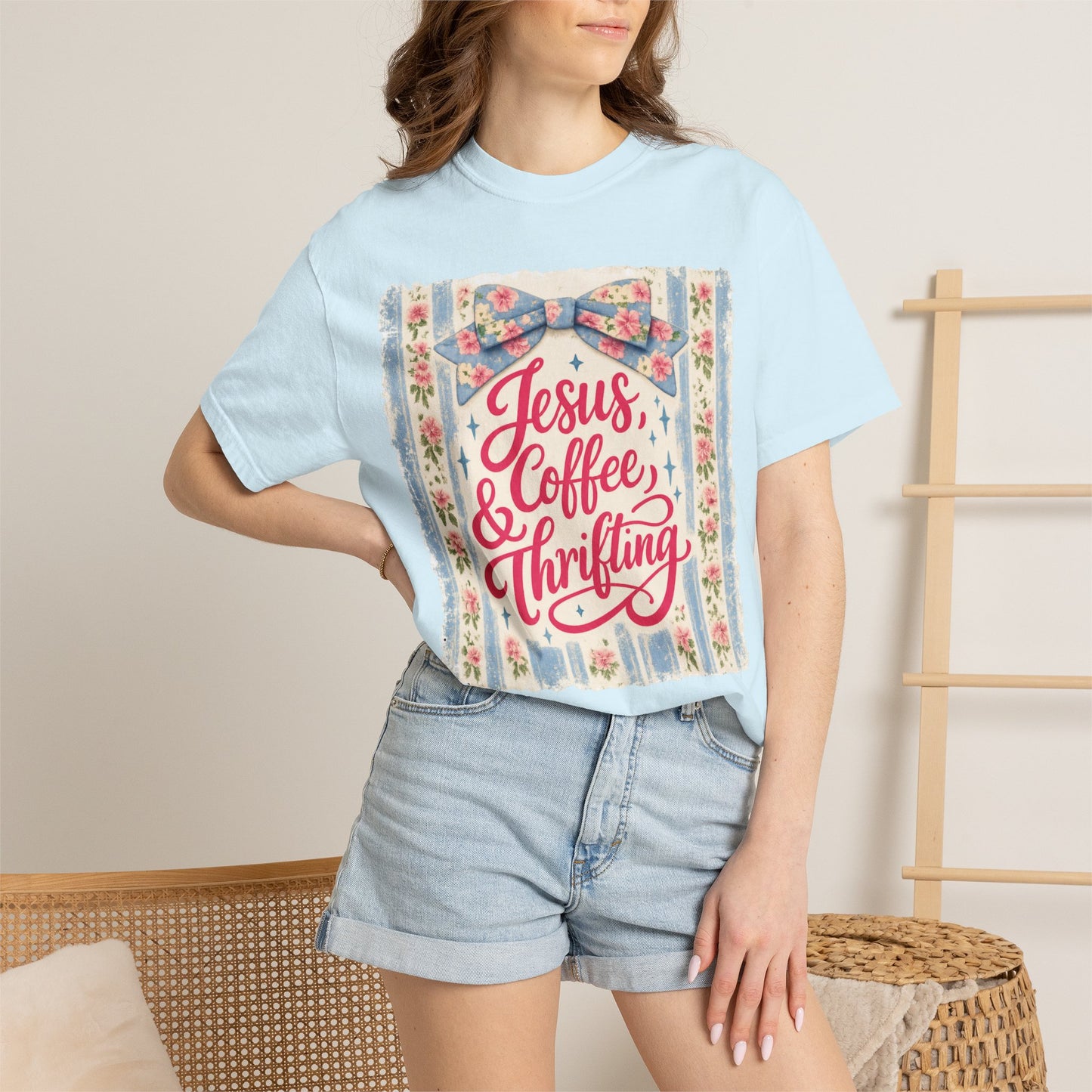 Jesus, Coffee & Thrifting Tee — Antique Fresh Brew Faith Shirt with Stripes & Bow