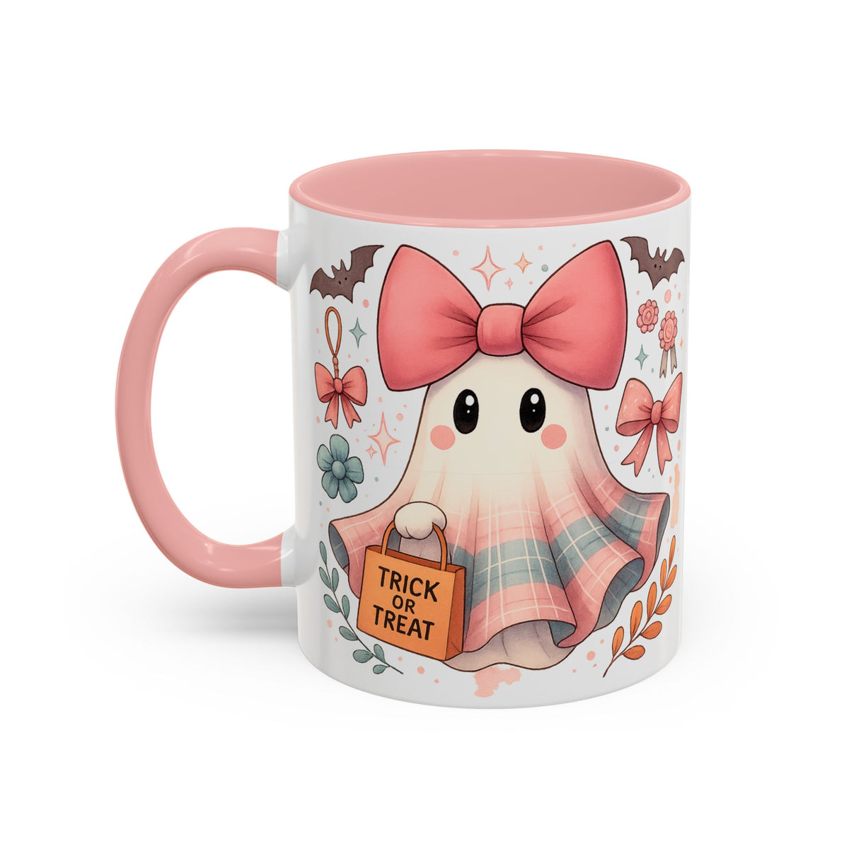 Cute Pink Ghost Coffee Mug — Halloween Kawaii Accent Mug (11/15oz)