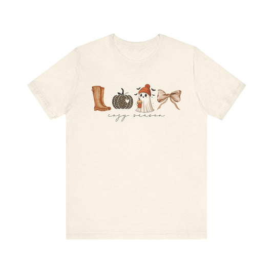 'Cozy Season' Autumn Vibes Tee, Fall Shirt, Cozy Season Top, Pumpkin, Ghost, Boots, Bow, Halloween Casual Wear