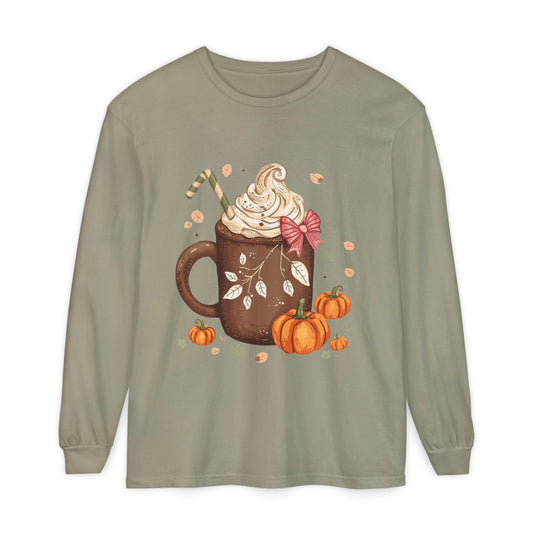 Cute Fall Pumpkin Spice Long Sleeve T-Shirt, Pumpkin Coffee Tee, Autumn Fashion, Cozy Gift for her, Thanksgiving Shirt