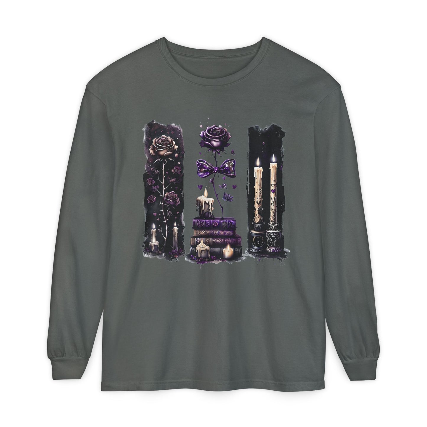 Gothic Witchcraft Long Sleeve Tee – Dark Roses, Candles & Book Lover