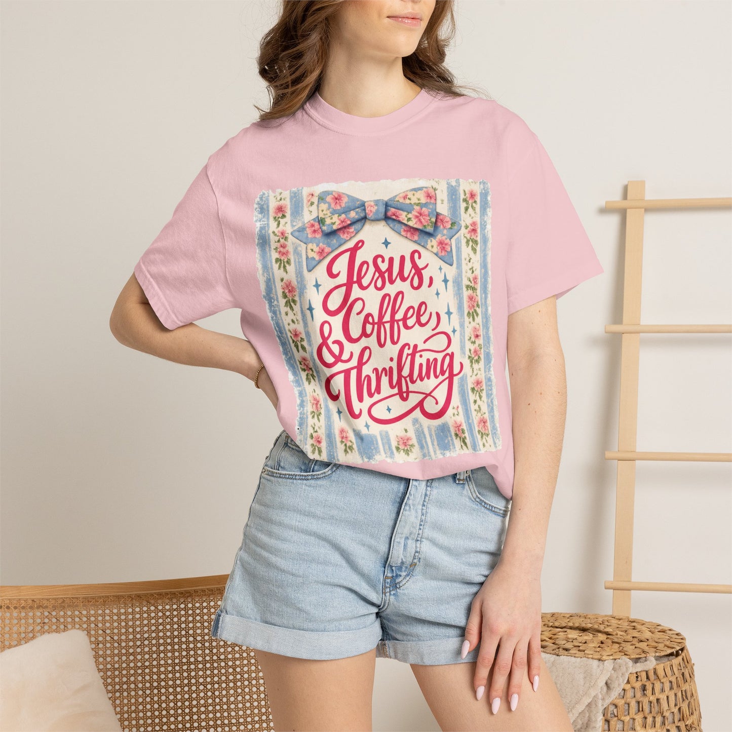 Jesus, Coffee & Thrifting Tee — Antique Fresh Brew Faith Shirt with Stripes & Bow