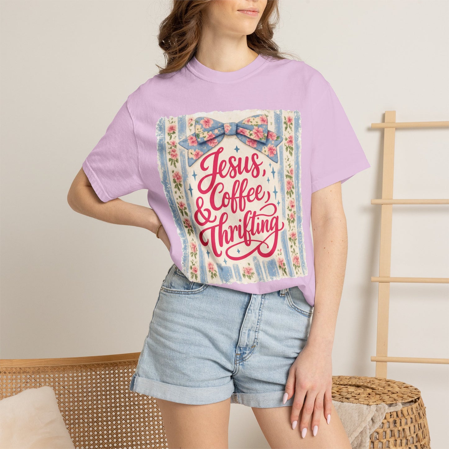 Jesus, Coffee & Thrifting Tee — Antique Fresh Brew Faith Shirt with Stripes & Bow