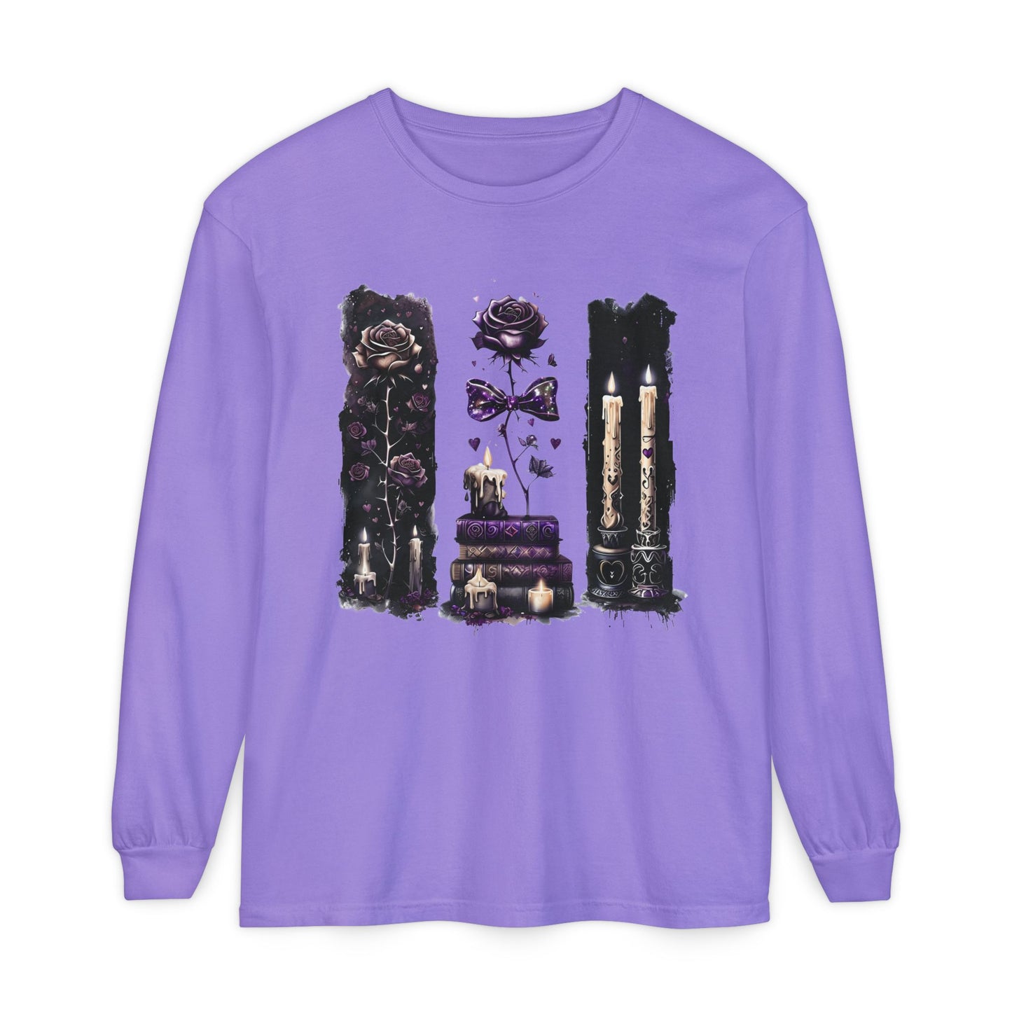 Gothic Witchcraft Long Sleeve Tee – Dark Roses, Candles & Book Lover