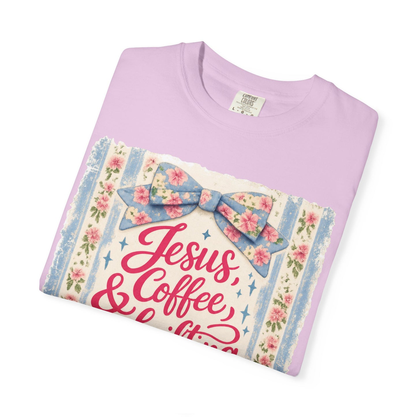 Jesus, Coffee & Thrifting Tee — Antique Fresh Brew Faith Shirt with Stripes & Bow