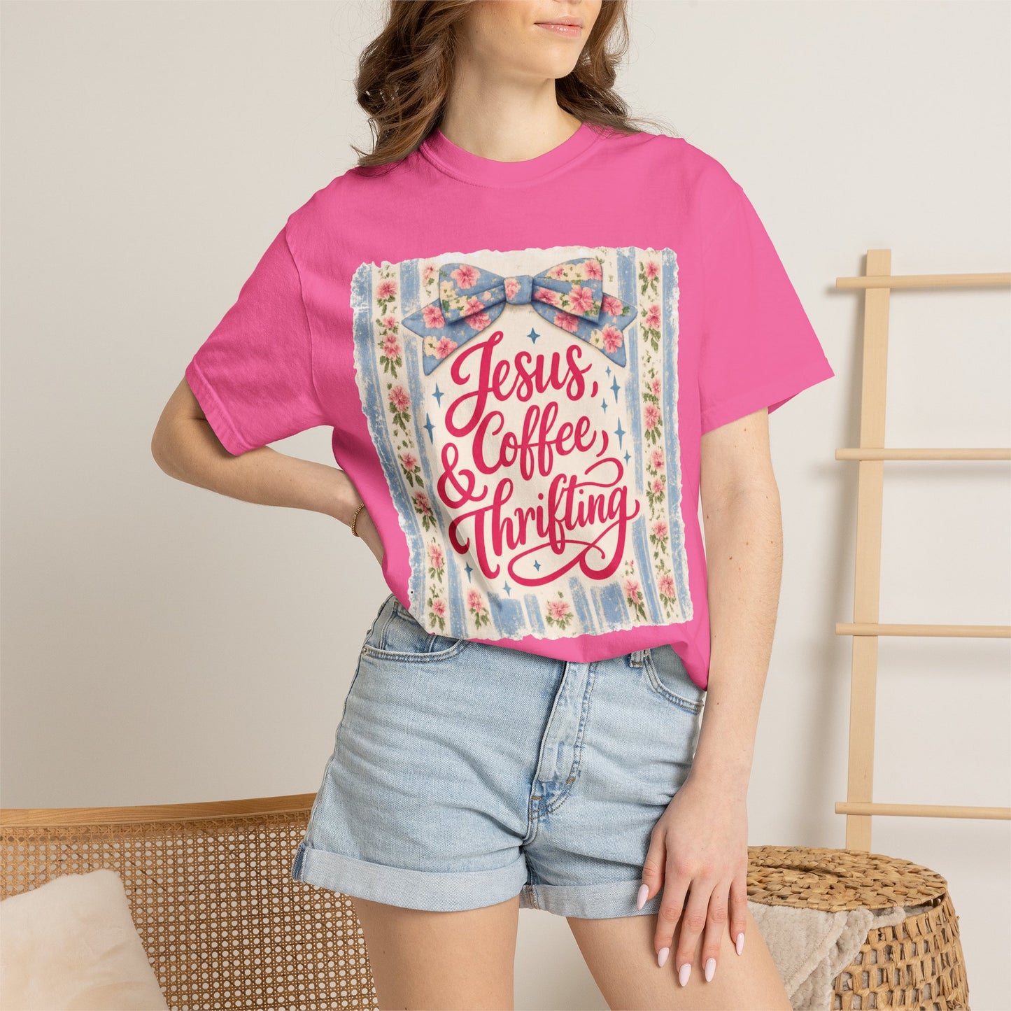 Jesus, Coffee & Thrifting Tee — Antique Fresh Brew Faith Shirt with Stripes & Bow
