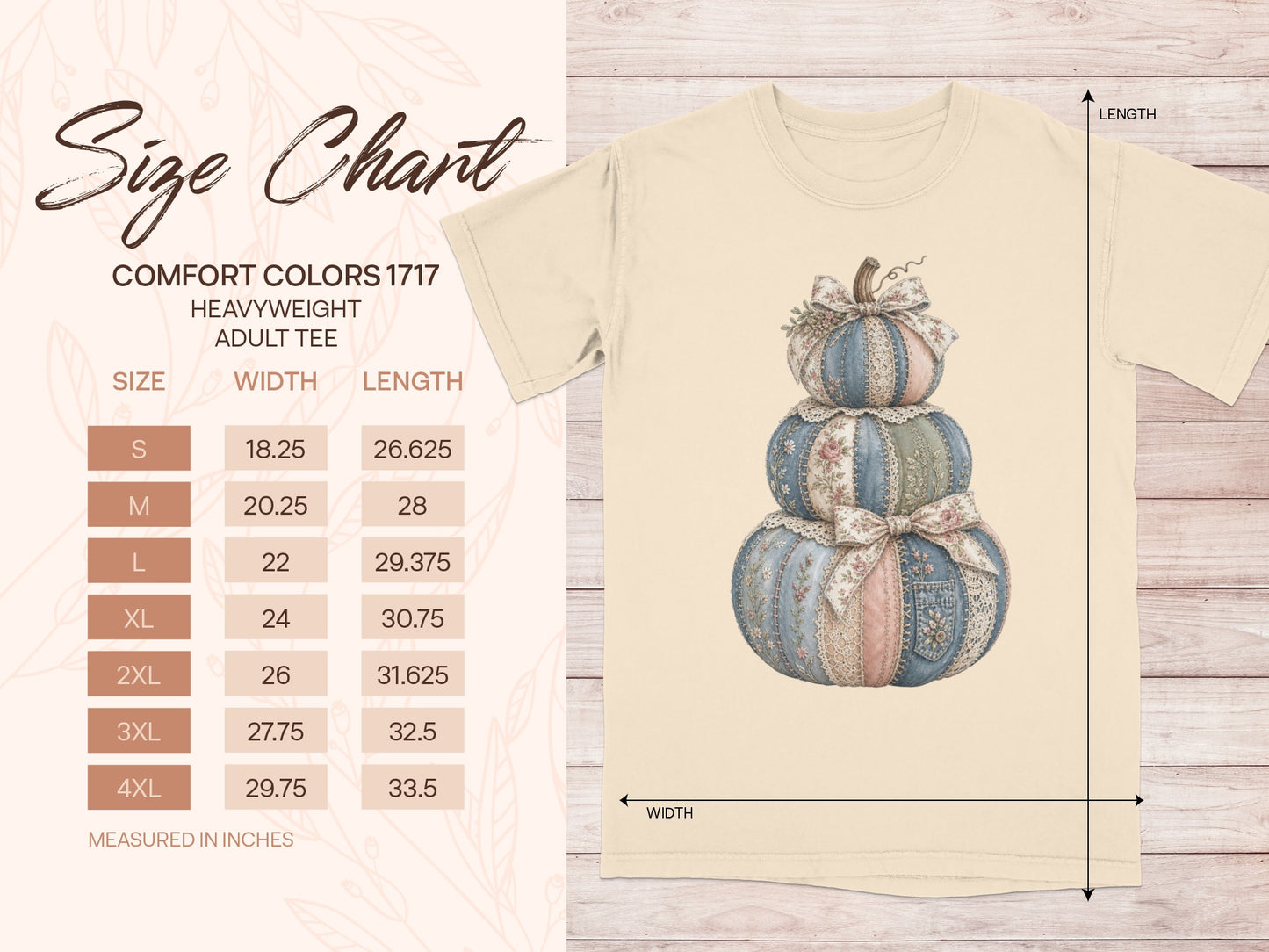 Comfort Colors 1717 adult tee size chart with width and length measurements in inches.