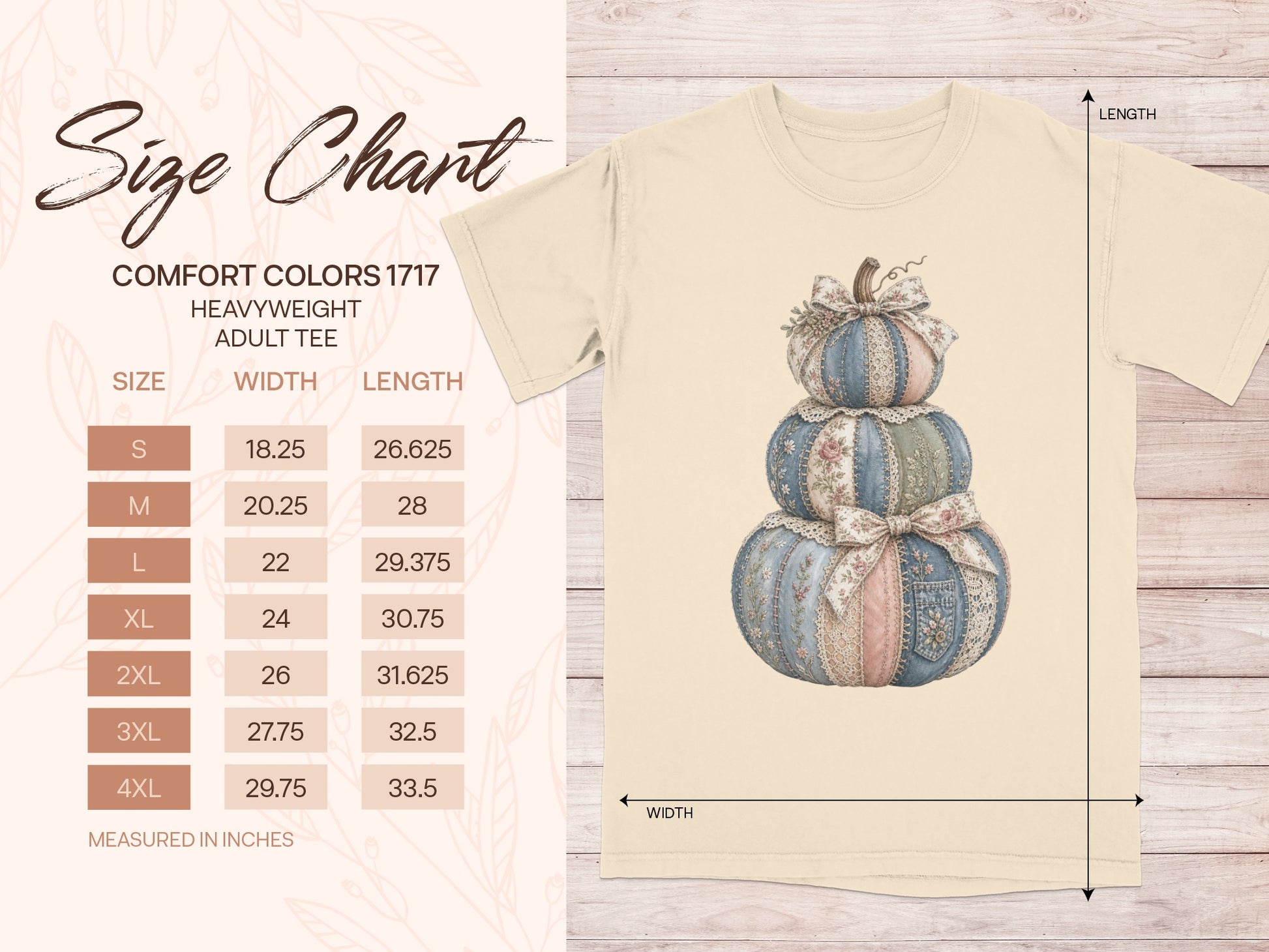 Comfort Colors 1717 adult tee size chart with width and length measurements in inches.
