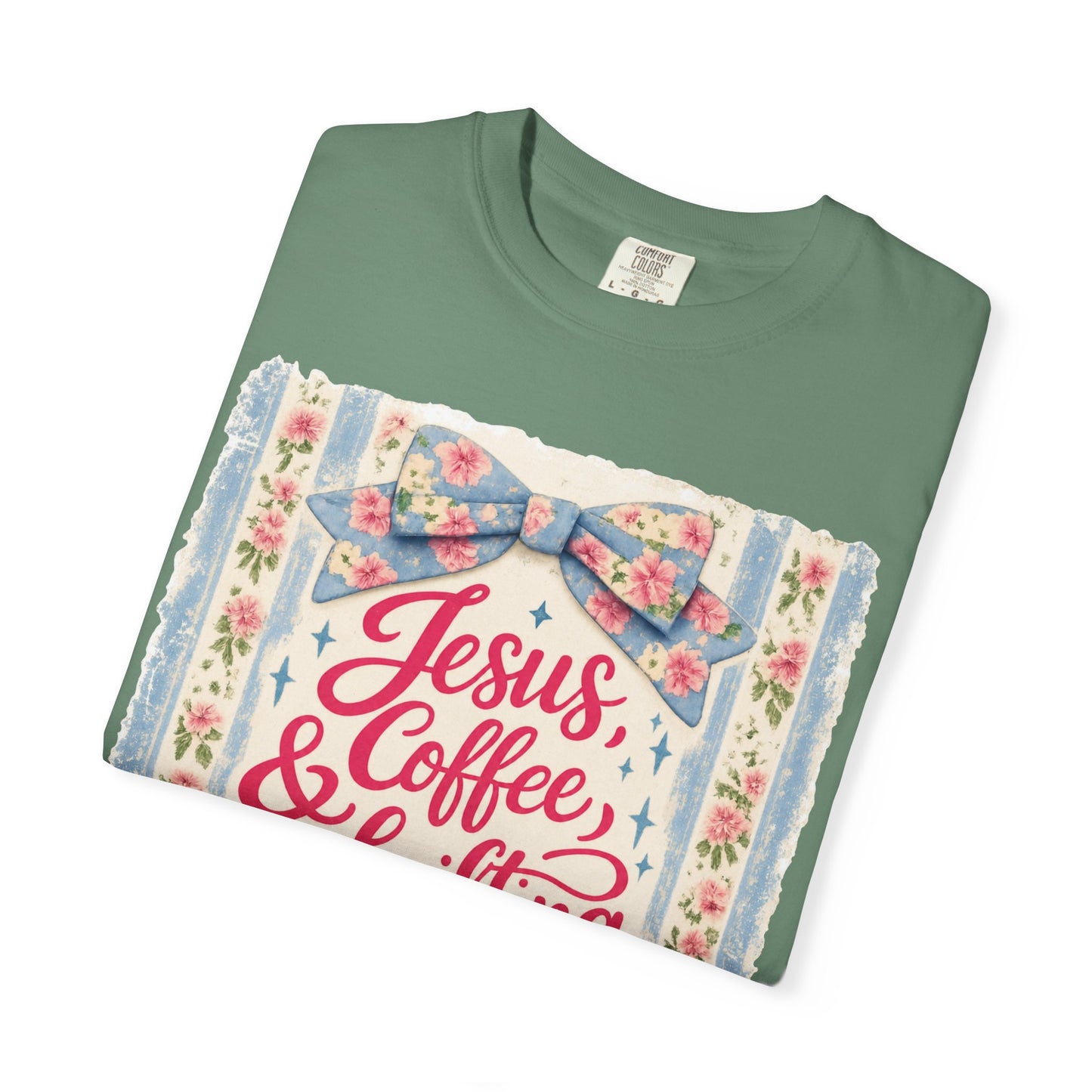 Jesus, Coffee & Thrifting Tee — Antique Fresh Brew Faith Shirt with Stripes & Bow