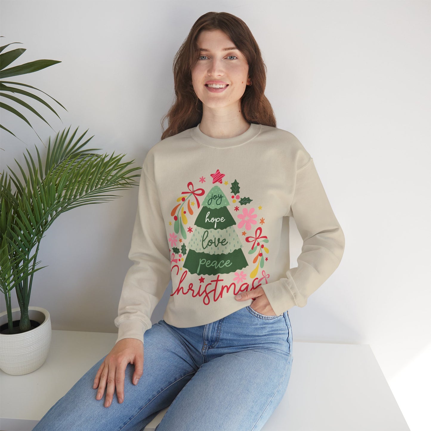 Christmas Tree  Sweatshirt — Joy Hope Love Peace Holiday Pullover