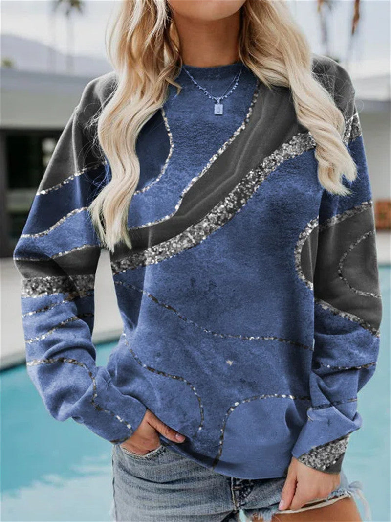 Women's Casual Geometric Loose Print Long Sleeve Round Neck Sweater
