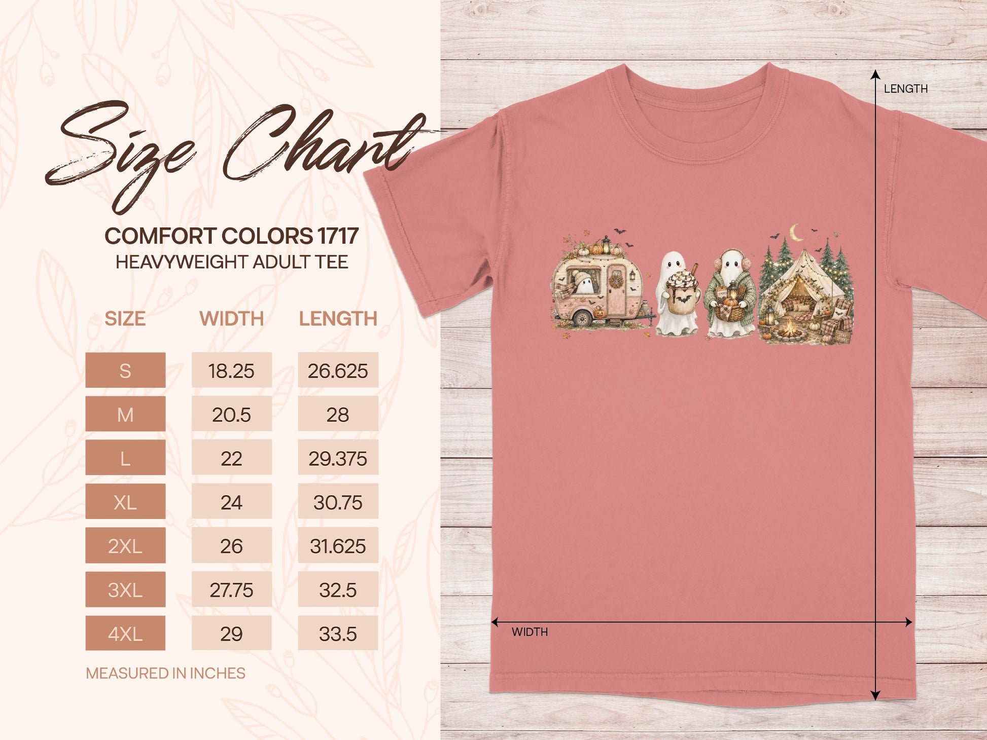 Comfort Colors 1717 heavyweight adult tee size chart with ghost graphic.