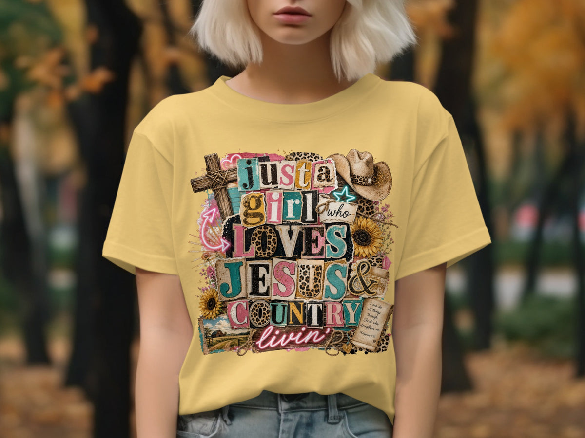 Yellow t-shirt with "Just a girl who loves Jesus & country livin'" graphic.