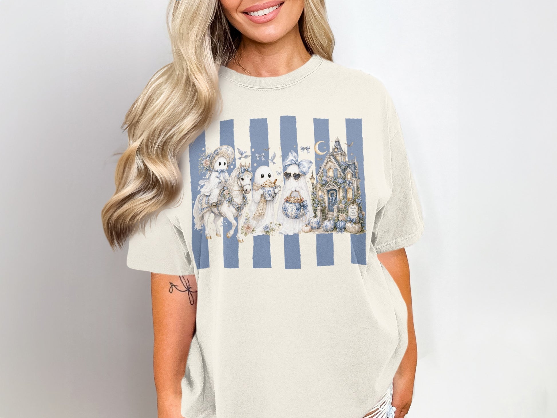 Ghosts in dresses with a haunted house and pumpkins on a striped background.