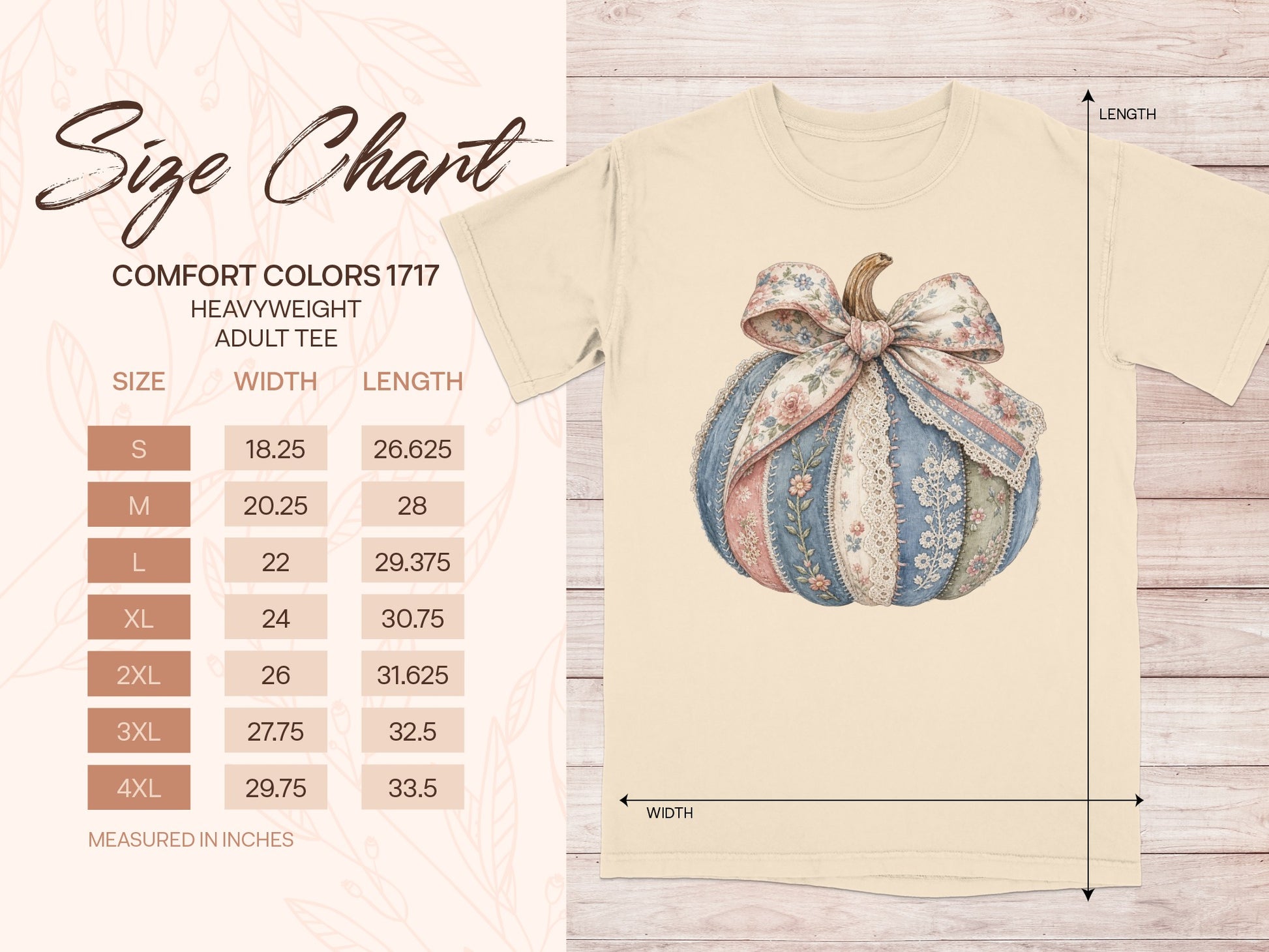 Size chart for Comfort Colors 1717 adult tee with measurements in inches.
