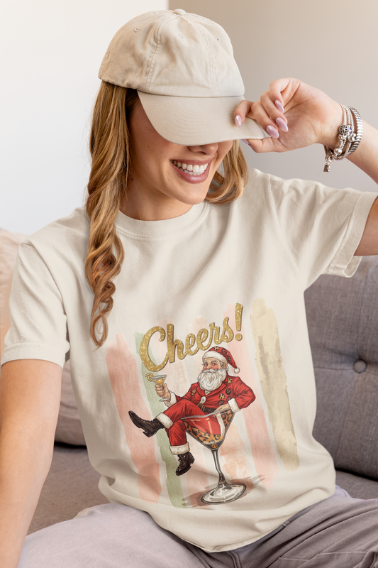 Christmas T-Shirt — Vintage Santa Claus “Cheers!” Holiday Tee, Funny Retro Christmas, Holiday Cocktail Shirt