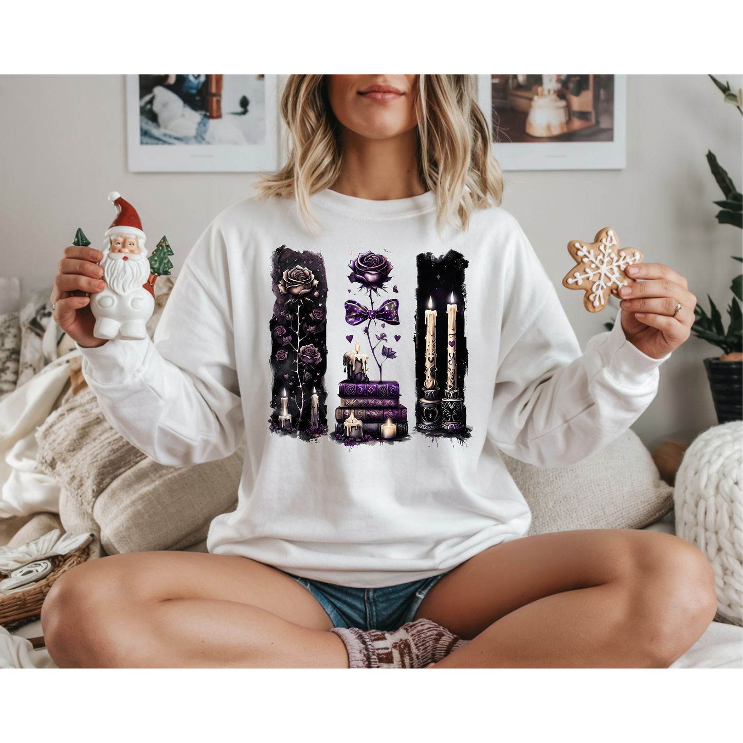 Gothic Witchcraft Long Sleeve Tee – Dark Roses, Candles & Book Lover