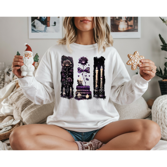Gothic Witchcraft Long Sleeve Tee – Dark Roses, Candles & Book Lover